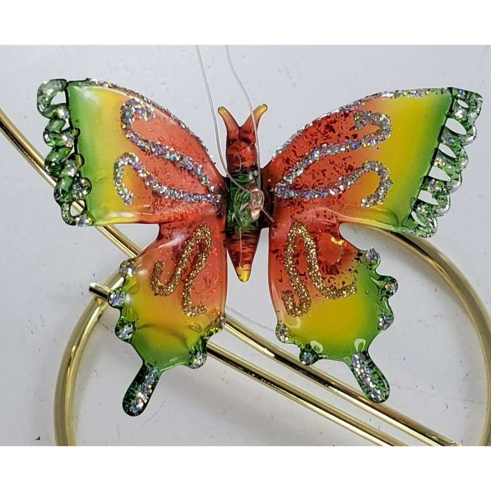 Blown Art Glass Butterfly Ornament Figurine Red Orange Green Yellow Glitter